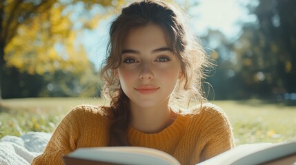 A front-facing shot of a young woman enjoying a sunny afternoon in a park, reading a book and relaxing on a white blanket, ideal for leisure and lifestyle content