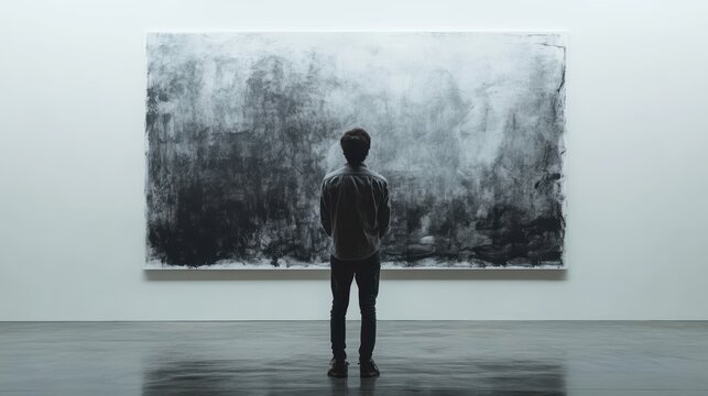 A front-facing shot of a person standing in front of a large white wall with a paintbrush, creating a minimalist artwork, ideal for creative and artistic content