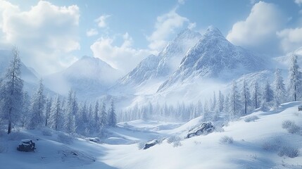 Obraz premium Winter scenery in the sunny day. Mountain landscapes. Trees covered with white snow, lawn and blue sky