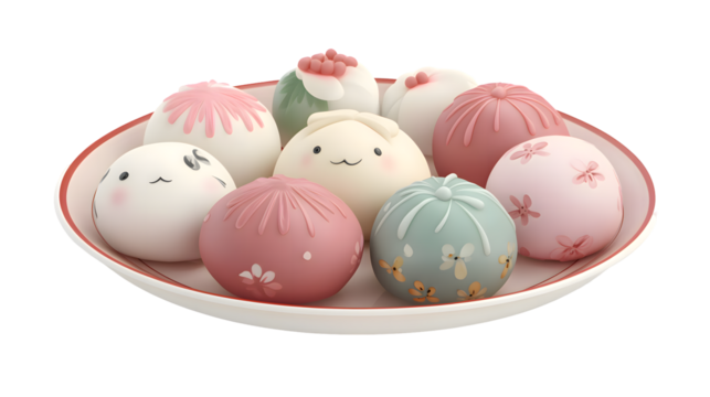 Adorable pastel steamed buns with floral designs and cute faces - Powered by Adobe