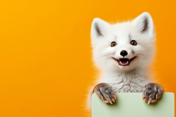 Obraz premium Isolated baby animal on a solid uniform bright orange background. Blank sign with beast. Cute baby animal arctic fox hold in front paws a concept - large green zoo sign. Advertising pet mock.