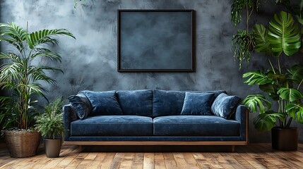 Modern interior design of a living room with a dark blue sofa and wooden floor. The wall features a mock-up for artwork or a photo frame in a minimal home decor style with grey-colored walls and green