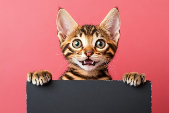 Branding with wild pet. Ð¡ute cat egyptian mau hold in front paws a concept - large dark black alley sign. Billboard cat mockup. Isolated young cat on a solid outfit pink background.