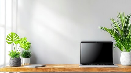 Bright minimalist workspace with a blank screen laptop, potted plants, and a notebook on a light wood desk against a sunlit white wall interior design