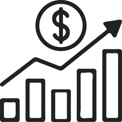 Outline Icon of Financial Bar Graph with Upward Arrow and Dollar Symbol Representing Economic Growth and Investment Success
