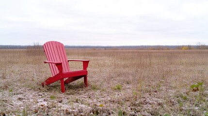 Red Adirondack chair in a vast field