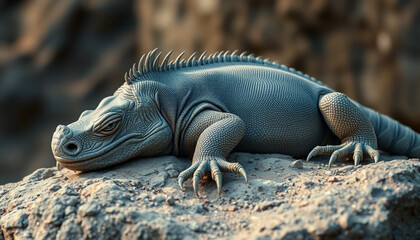 Fototapeta premium Resting Iguana on Rock Outcrop in Warm Light