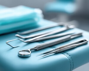 Close up sterile instruments on gynecological examination chair - surgery steel white tool monitoring