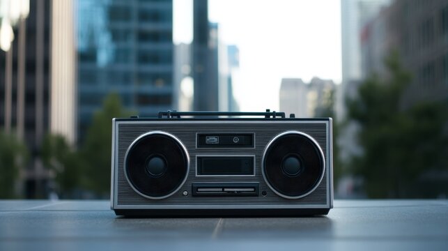 A retro cassette player is placed on the pavement in an urban setting, contrasting with sleek skyscrapers. City life buzzes around, capturing a blend of nostalgia and modernity