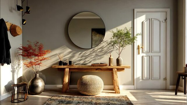 Dining table near round mirror with soft room lighting. 