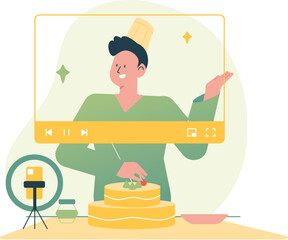 Man Celebrating Cake With Video Contect