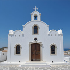 The white whased facade of a traditional Greek orthodox chuch in Mykonos, Cyclades Islands, Aegean Sea, Greece