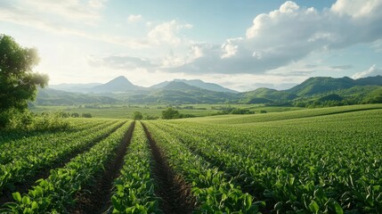 Natural farming landscape with fresh pea crops stretching into the distance