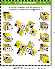 Educational math visual puzzle with cubes and fancy patterns. Answer included.
