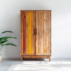 Rustic tall wooden wardrobe with two doors featu colorful vertical stripes placed against a white wall beside a light-colored potted plant indoors