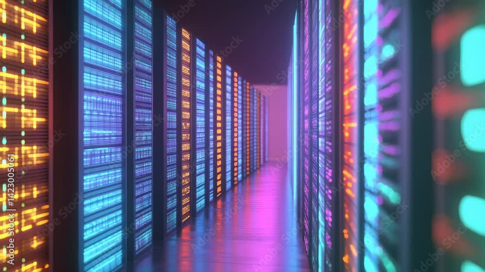 Poster futuristic data center corridor with illuminated server racks