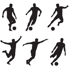 vector of silhouette set of soccer player kicking the ball, man playing soccer, set of football (soccer) players set