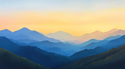 Fototapeta premium Panoramic view of serene mountain range at sunrise. Soft, hazy colors of the sunrise paint the distant mountain peaks, creating a tranquil and majestic landscape.