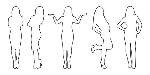 Woman standing silhouette. Female models in different poses standing in line style. Vector illustrator