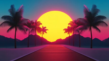 Naklejka premium Vibrant sunset with palm trees lining a serene road under a colorful sky at twilight in a tropical paradise