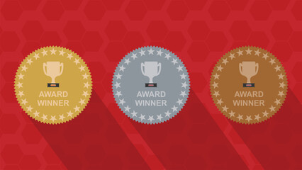Recognition for Excellence With Three Distinct Award Badges on a Bright Red Background