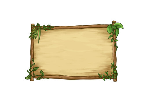 Aesthetic wooden signboard icon decorated with lush creeping vines, wooden sign board, rustic wood plank sign with green leaves.