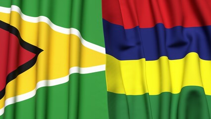 Flags of GUYANA and MAURITIUS with realistic cloth texture