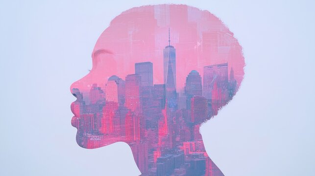 Double exposure silhouette profile of a woman blended with a vibrant pink and red city skyline over a light background.