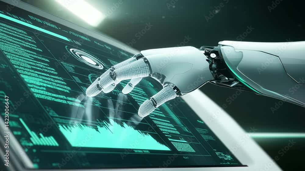 Poster futuristic robotic hand interacting with touchscreen display