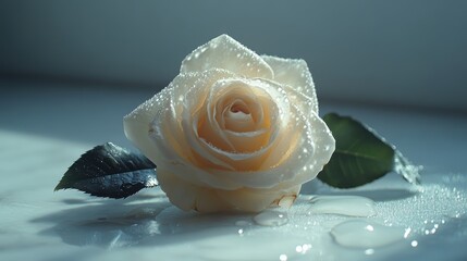 A close-up of a beautiful white rose with droplets of water on its petals, placed on a white surface, symbolizing purity and elegance