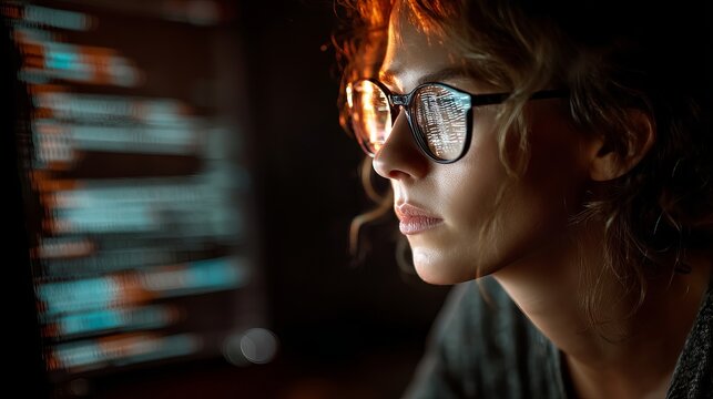 Female software engineer wearing glasses coding data analytics dashboard on computer at night with holographic cybersecurity interface overlay