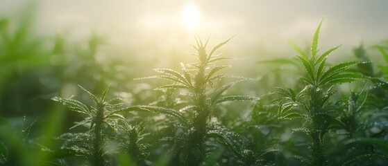Lush marijuana plants glisten in morning sunlight amidst a foggy haze