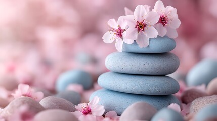 Photo of a stack of pastel blue and pink rocks with cherry blossoms on top, representing tranquility for wellness. 