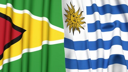 Flags of GUYANA and Uruguay with realistic cloth texture