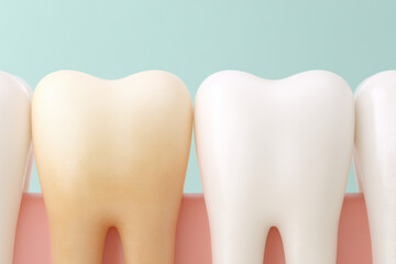 tooth discoloration comparison showing yellowed and white teeth models on light blue background for dental treatment concept