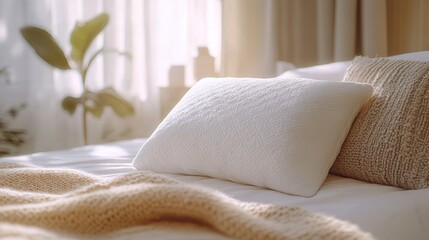 A close-up of a soft white pillow placed on a white bed with a light blanket, creating a cozy and serene bedroom atmosphere