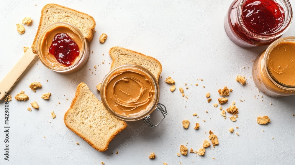 Aufkleber peanut butter and red jam spread on toasted bread slices, surrounded by jars and crumbs
