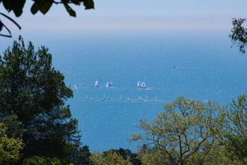 yachts with sails in the blue sea on a beautiful sunny day, wallpaper