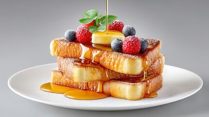 french toast with berries and honey syrup, french toast stack for breakfast menu, french toast with gourmet fruit toppings