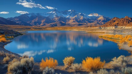 Obraz premium Picturesque mountain lake reflecting a vibrant sky.