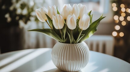 A close-up of a white ceramic vase with fresh white tulips, placed on a clean white table, symbolizing elegance and simplicity