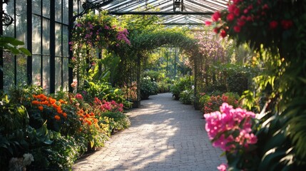 Obraz premium Pathway through a vibrant botanical garden greenhouse filled with colorful flowers and lush greenery. Sunlight streams through glass roof.