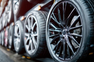 Close-up of glossy black alloy wheel with tire, other wheels in soft focus background; concept automotive advertising, car parts catalog, and vehicle branding