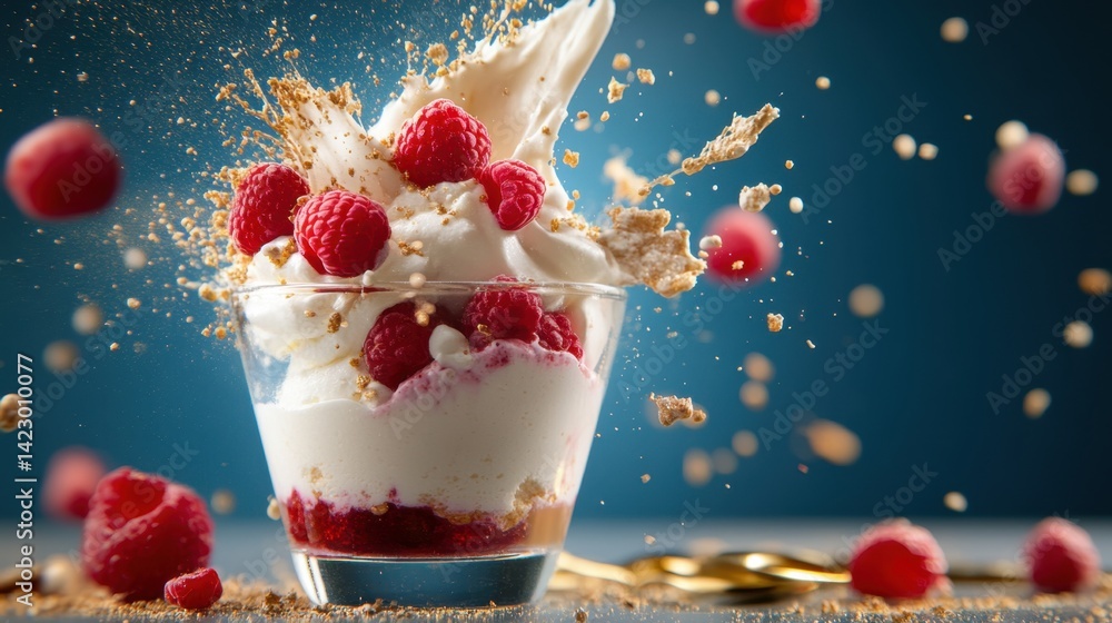 Poster raspberry mousse with cream splash art, styled with gold utensils and rustic textures