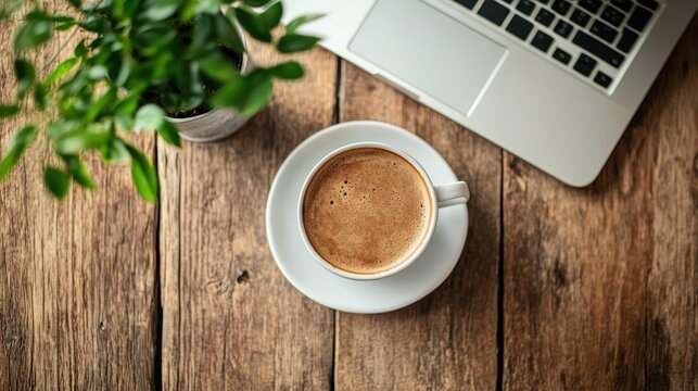 A top-down view of a minimalist workspace with a white desk, a laptop, and a cup of coffee, perfect for professional content