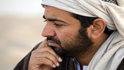 Close up of thoughtful Arab man in white turban deep in contemplation soft light on wise eyes