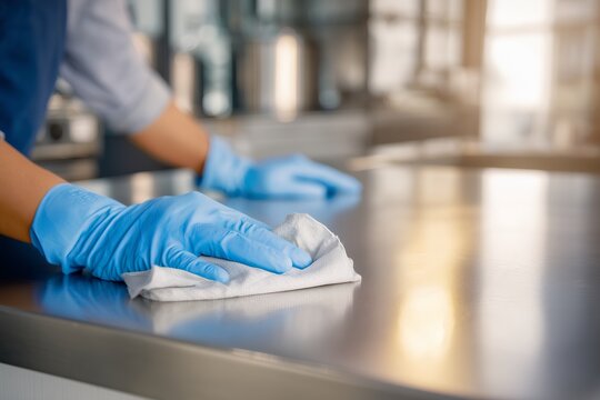 Close-up of hands in blue gloves cleaning a stainless steel surface with a white cloth, concept for hygiene, cleanliness, and sanitation in food service, healthcare, and industrial settings