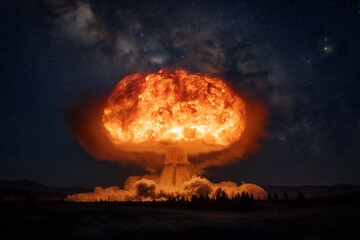 Fiery mushroom cloud explosion at night against a starry sky, a concept for disaster, destruction, apocalypse, and nuclear war imagery