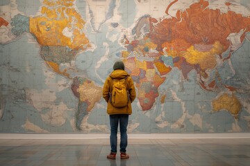 Person with backpack standing in front of a large vintage world map, concept for travel agency brochures, tourism websites, and adventure planning