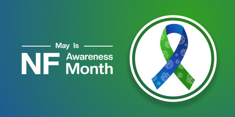 May is Nf Awareness Month. Ribbon. Suitable for posters, banners, social media and more. Blue and green background.